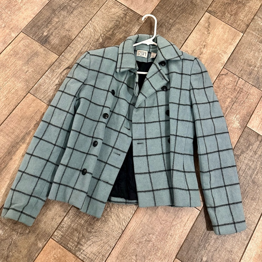 Ann Taylor Women's Teal Plaid Pea Coat Wool Fitted Buttons Classy - Picture 3 of 7
